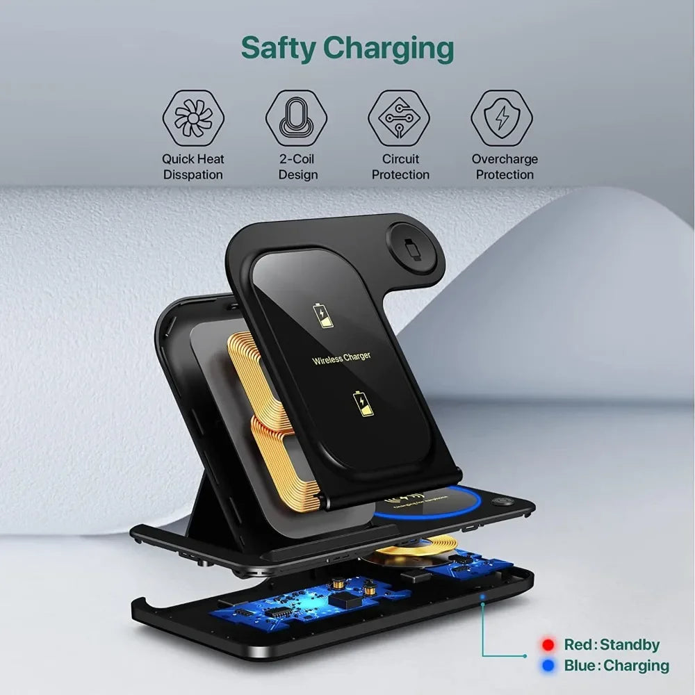 30W LED Fast Wireless Charger Stand 3 in 1 Foldable Charging Station for Iphone 15 14 13 12 11 Apple Watch 9 8 7 6 5 Airpods Pro