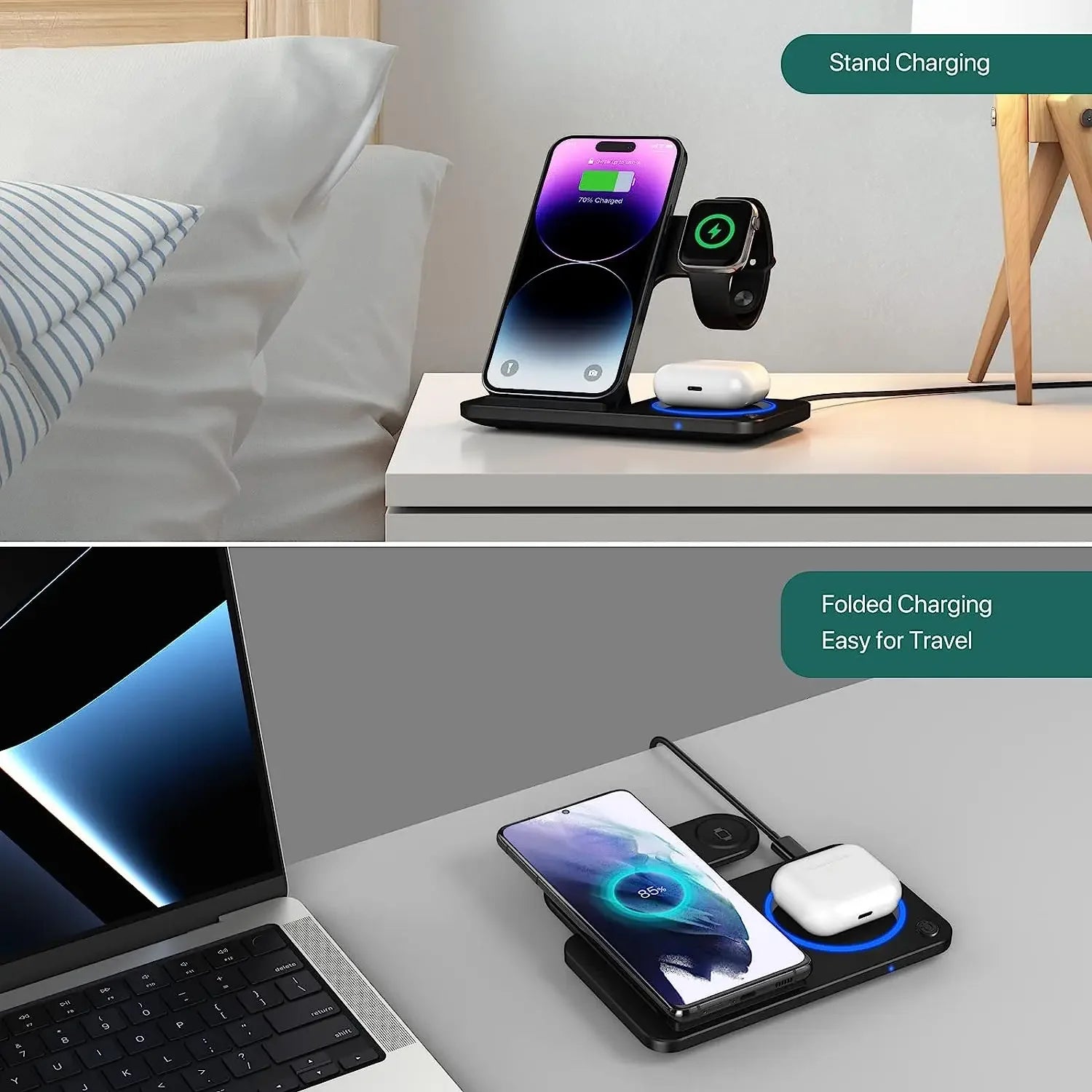 30W LED Fast Wireless Charger Stand 3 in 1 Foldable Charging Station for Iphone 15 14 13 12 11 Apple Watch 9 8 7 6 5 Airpods Pro