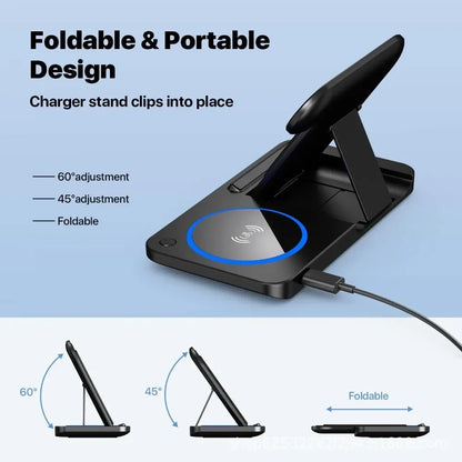 30W LED Fast Wireless Charger Stand 3 in 1 Foldable Charging Station for Iphone 15 14 13 12 11 Apple Watch 9 8 7 6 5 Airpods Pro
