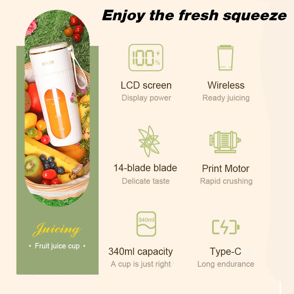 340Ml Portable Juicer Electric Juicer Cup Rechargeable Blender Cup 1200Mah Mini Electric Juicer 14 Blades for Home Office Travel