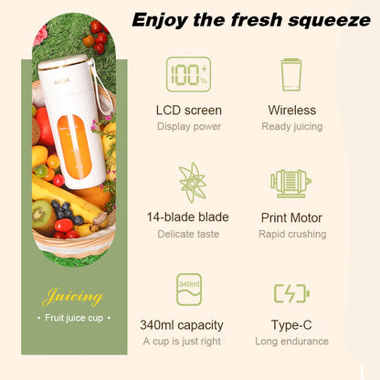340Ml Portable Juicer Electric Juicer Cup Rechargeable Blender Cup 1200Mah Mini Electric Juicer 14 Blades for Home Office Travel