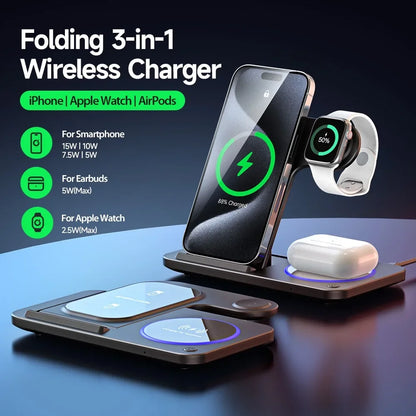 30W LED Fast Wireless Charger Stand 3 in 1 Foldable Charging Station for Iphone 15 14 13 12 11 Apple Watch 9 8 7 6 5 Airpods Pro
