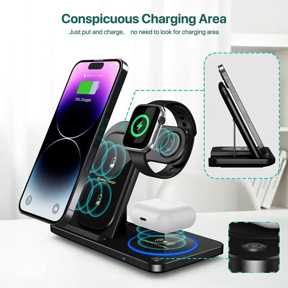 30W LED Fast Wireless Charger Stand 3 in 1 Foldable Charging Station for Iphone 15 14 13 12 11 Apple Watch 9 8 7 6 5 Airpods Pro