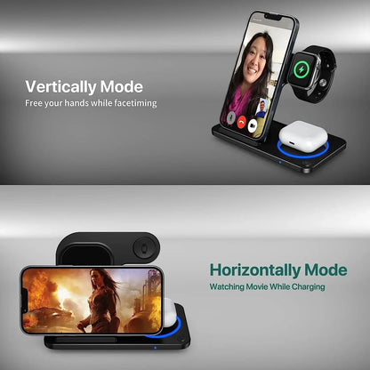 30W LED Fast Wireless Charger Stand 3 in 1 Foldable Charging Station for Iphone 15 14 13 12 11 Apple Watch 9 8 7 6 5 Airpods Pro